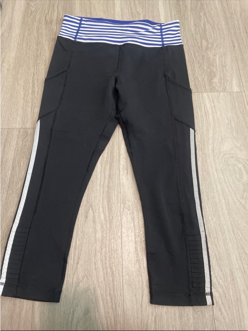 lululemon athletica Black Capri Leggings with Blue & White Striped Waistband